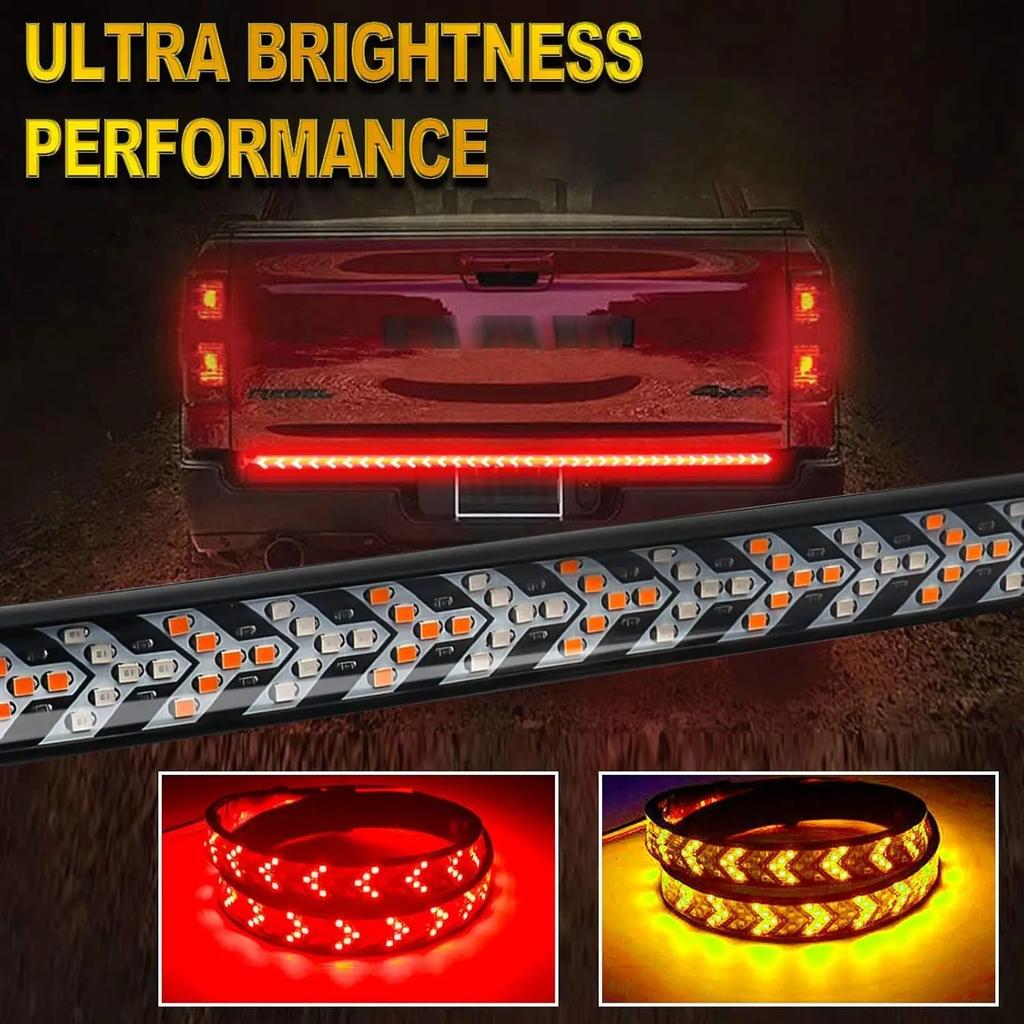 60'' LED Tailgate Light Strip 12V Flexible Red Brake Amber Yellow Sequential Turn Signal Light for Pickup Trucks Trailers RV Van