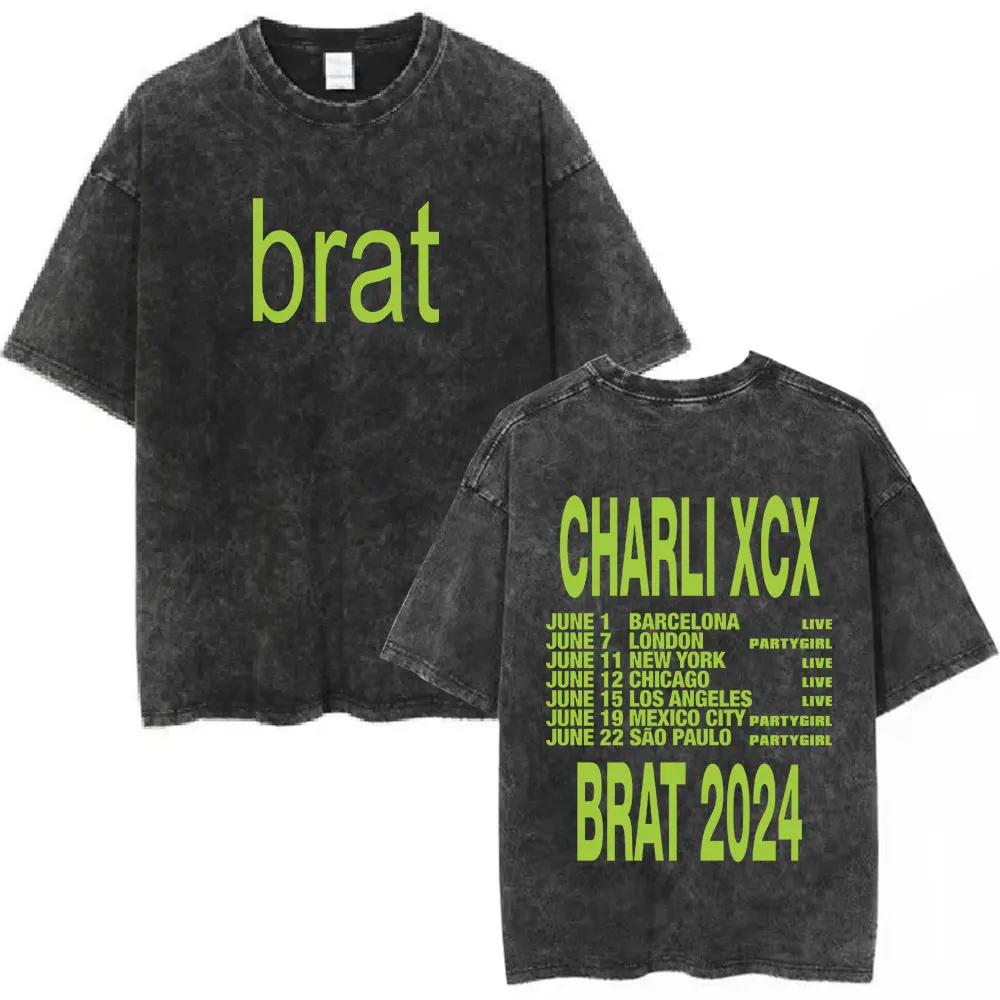 Charli Xcx Brat  Arena Tour Washed T Shirts Men Women Fashion Pop Music Tshirts Cotton Vintage Tshirt Oversized Streetwear