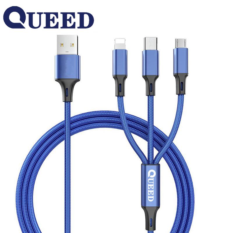 QUEED USB-кабель 3 в 1 для мобильного телефона с микро-USB типа C для быстрой зарядки iPhone
