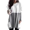 Women Tops Round Neck Long Sleeve Color Block Pullover Tops with Pockets Loose Fit Mid-length Shirt Daily Wear