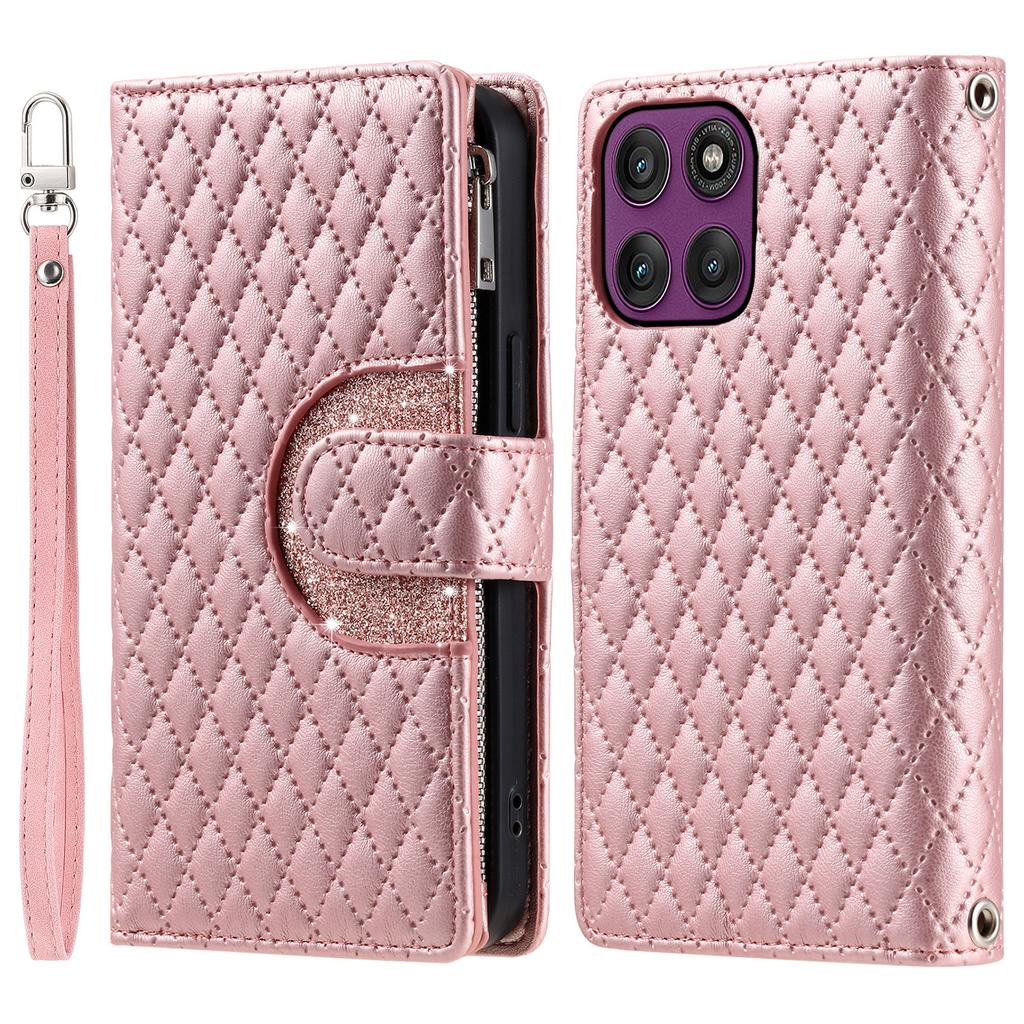 For Motorola Moto G56 5G Case Zipper Pocket Glitter Leather Phone Cover with Wrist Strap