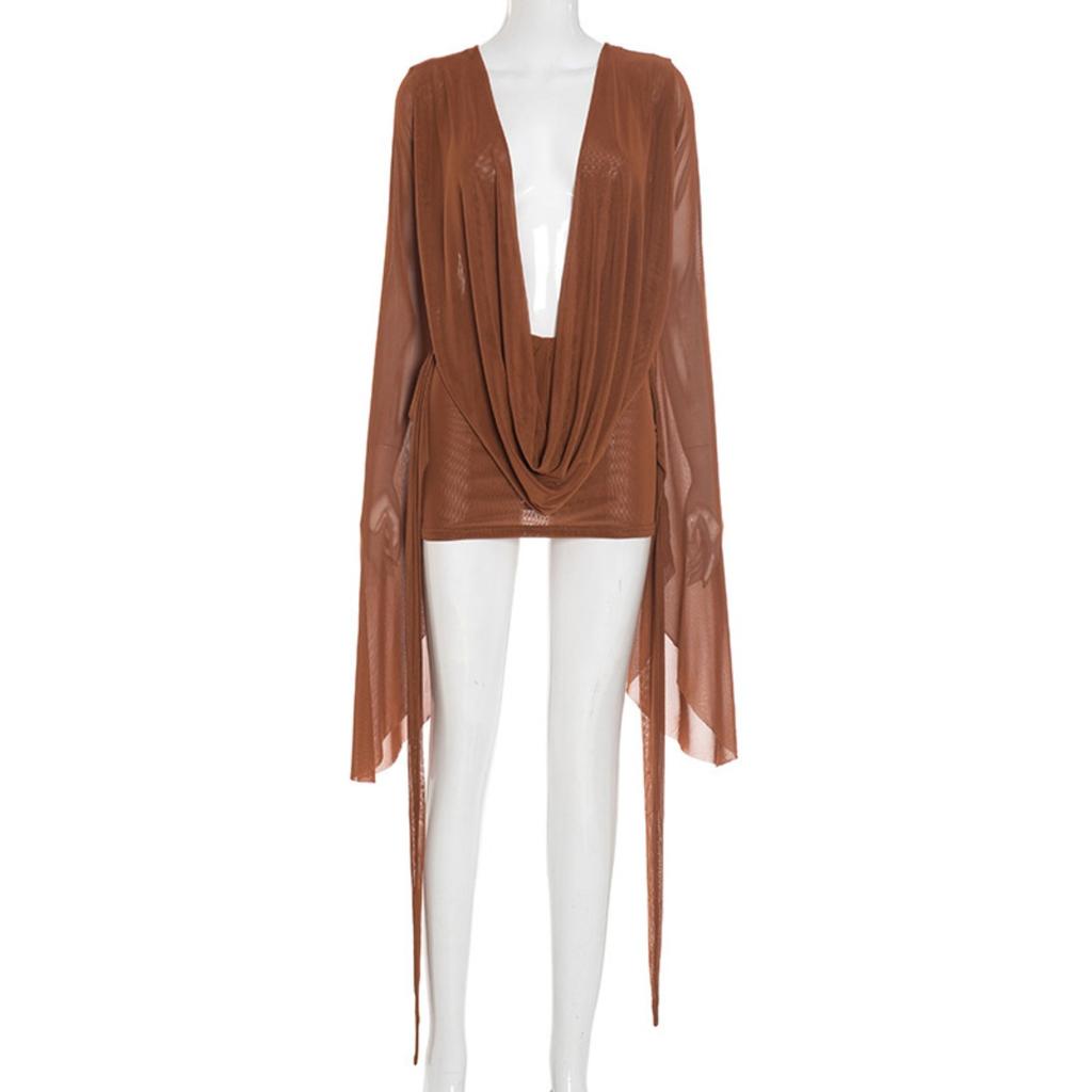 Новое женское сетчатое платье-трапеция с воротником-хомутом, открытой спиной и длинными рукавами, повседневное европейско-американское платье для вечеринки