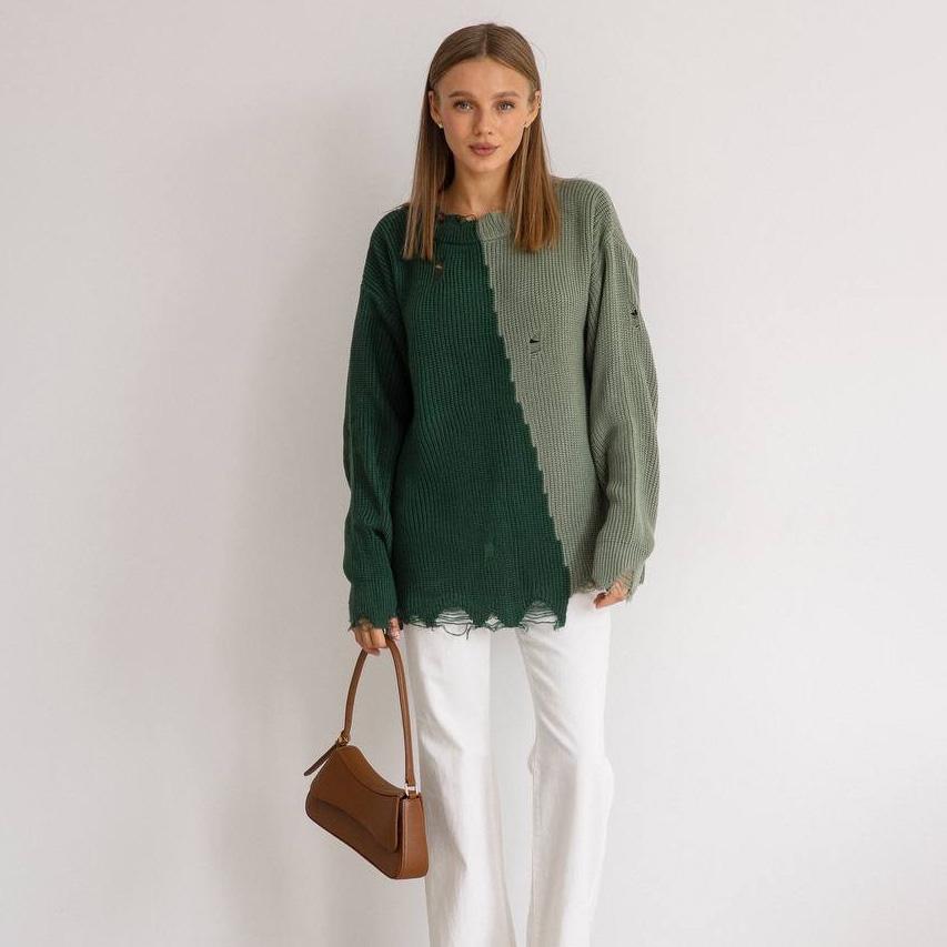 Autumn Winter Vintage Loose Long Sleeve Top Blocked Color Pullover Knitwear O-Neck Sweater