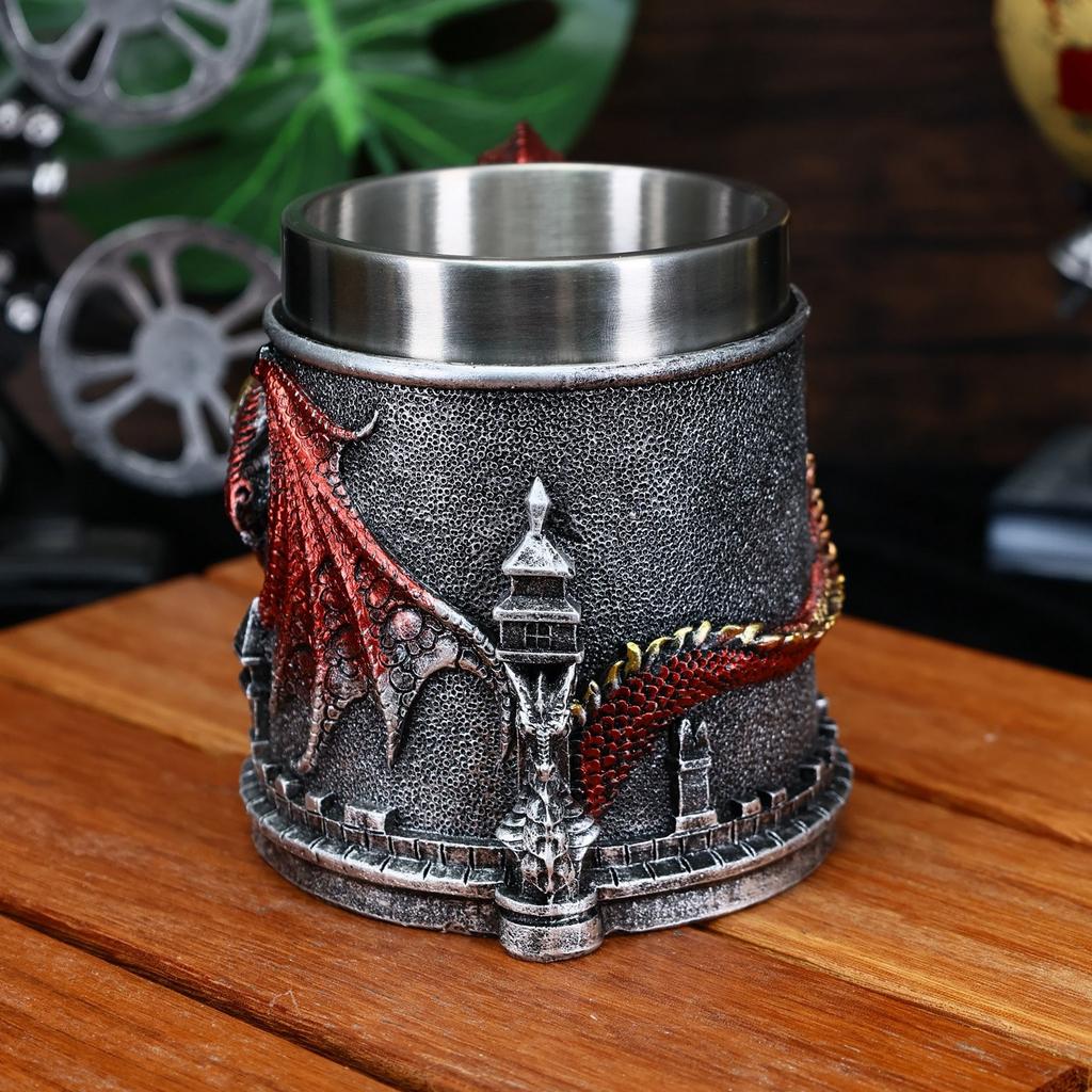 Винтажная кружка с драконом в виде замка, расписанная вручную, из смолы, нержавеющая сталь, пивная кружка, чашка для кофе и чая, креативный дизайн, украшение для бара(емкость 450 мл)