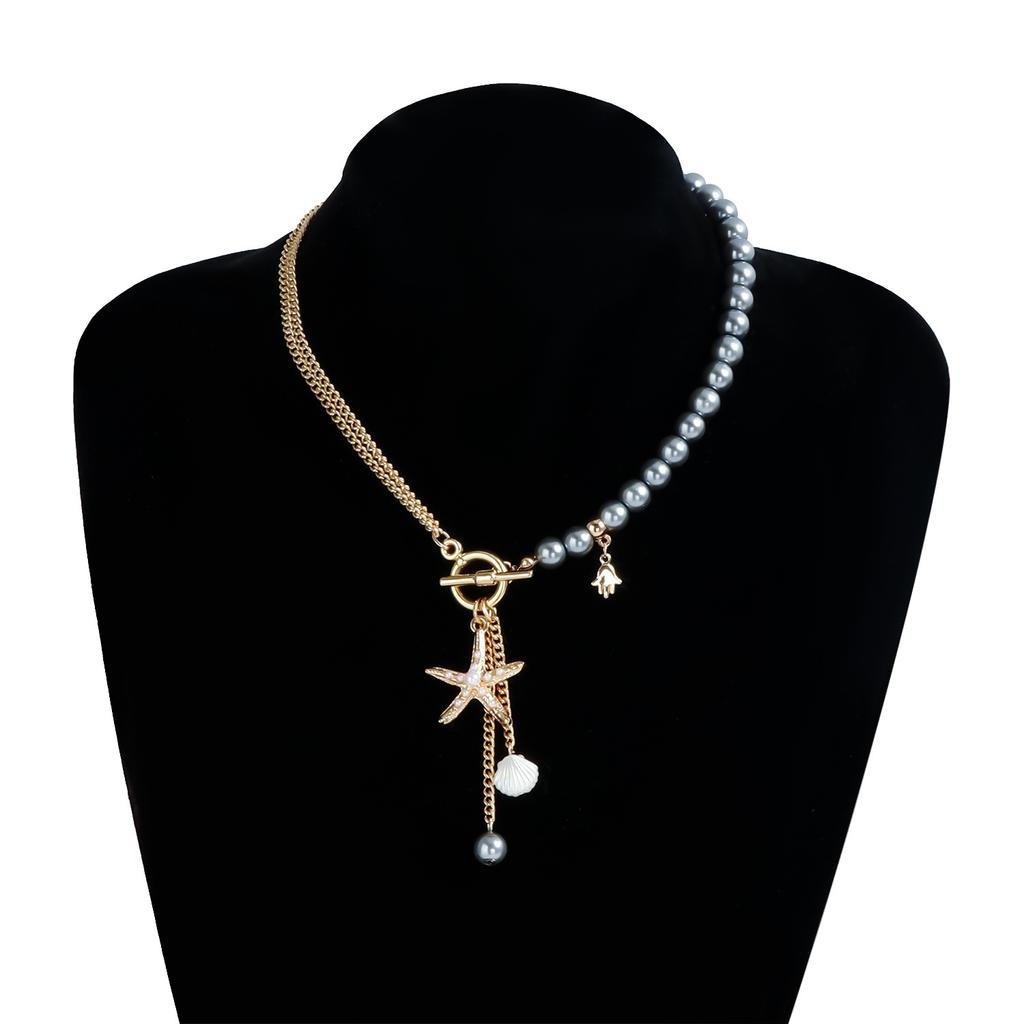 European and American Jewelry Summer Casual Style Starfish Palm Collarbone Chain Beaded Splicing Light Luxury High-end Necklace