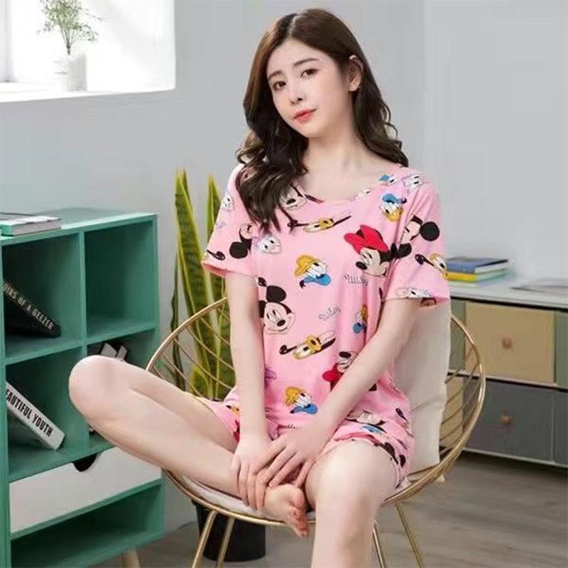 Женский летний пижамный комплект: Круглый вырез, Короткий рукав, Мультяшный принт, Омолаживающая домашняя одежда