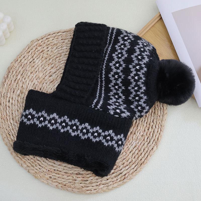 Love Jacquard Warm One-piece Hat Women's Winter Plush Pullover Ear Protection Plush Line Scarf One-piece Hat