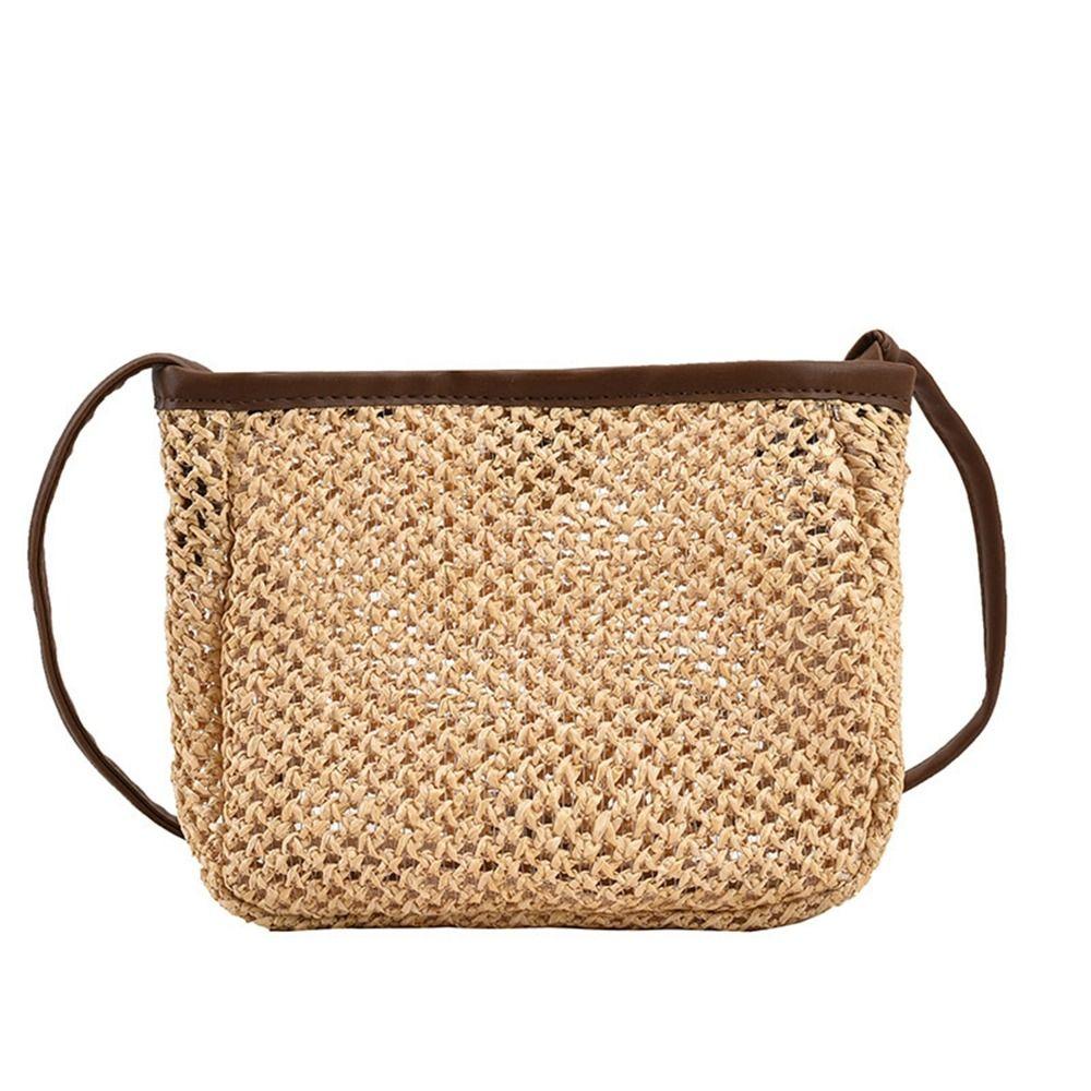 Hollow Out Raffia Bag Pu Leather Weave Straw Crossbody Bag Casual Girls