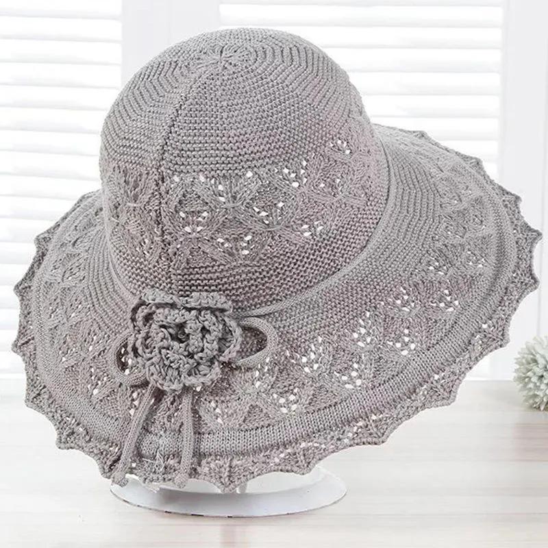 WTEMPO Women's Spring Summer Versatile Solid Color Flower Sun Hats Wide Brim Breathable Foldable Beach Flower Knitted Hats