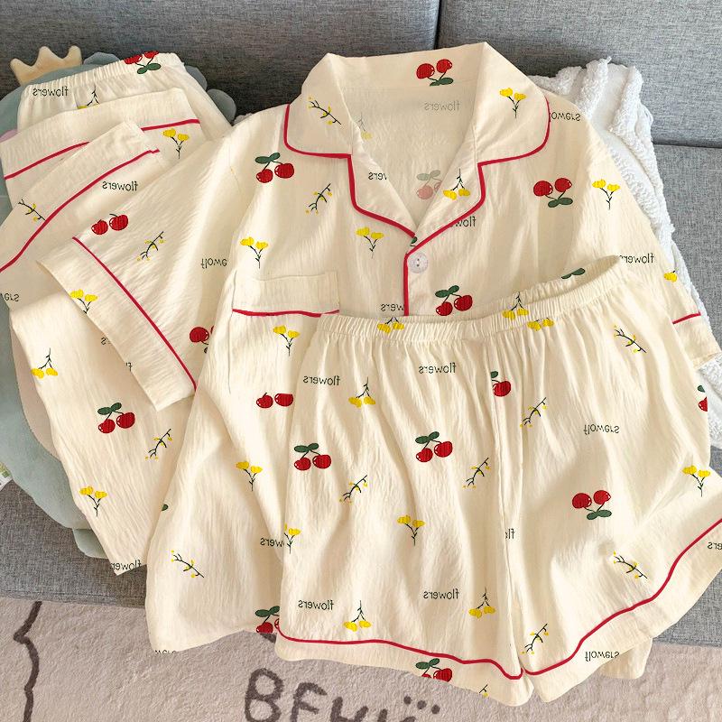 Пижама женская летняя из мятой ткани с коротким рукавом, комплект из трех предметов, милая красная вишня, весенне-летняя тонкая домашняя одежда