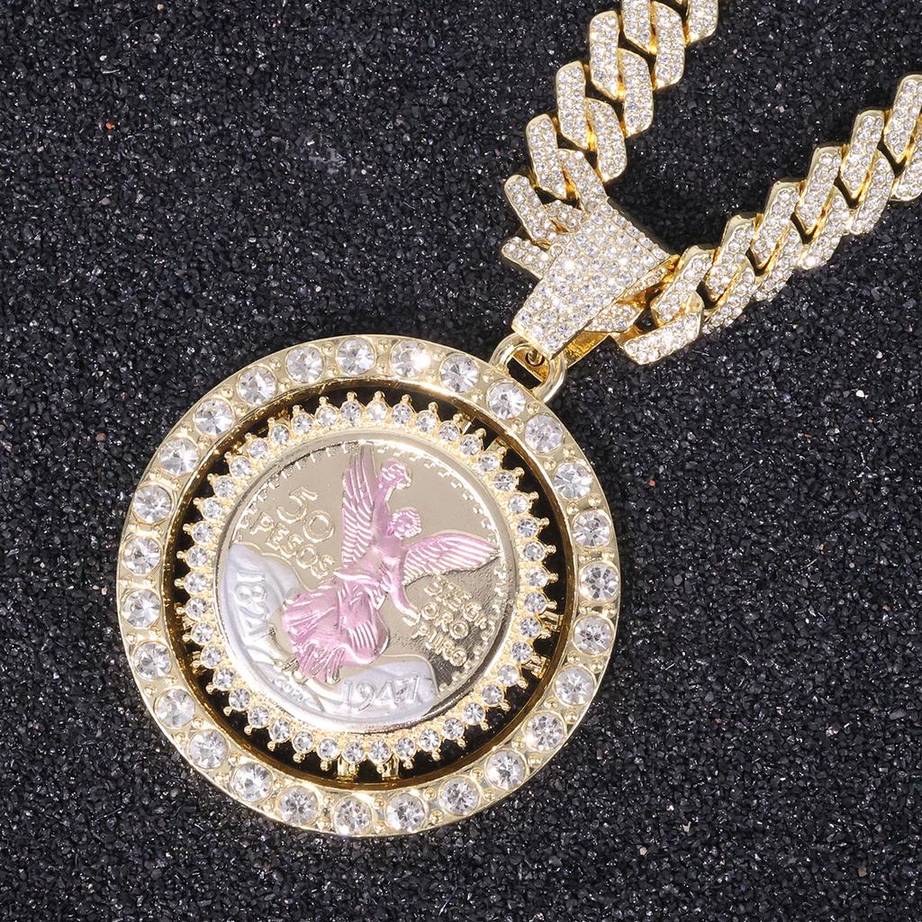 European American New Pink Enamel Rotatable Pendant, Inlaid Rhinestone Alloy Personalized Hip Hop Rotatable Necklace Jewelry