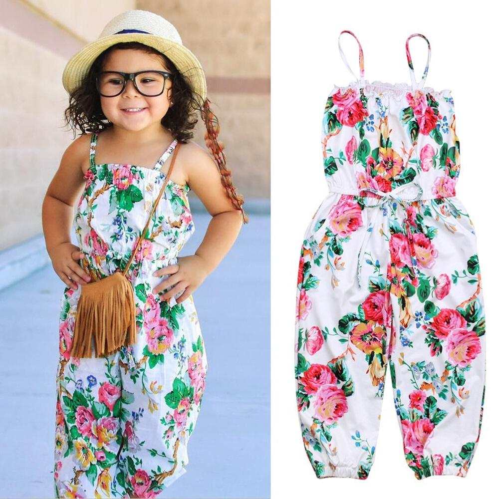Kids Girl Floral Printed String Sleeveless One-piece Summer Jumpsuit Party Dress