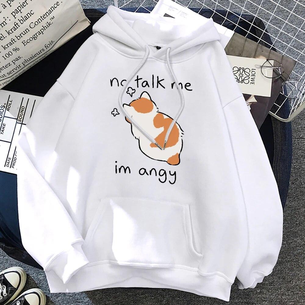 Fun No Talk Me Cute Angry Cat Print Мужская/Женская хлопковая толстовка с капюшоном Повседневный пуловер большого размера Популярный свитшот Модная одежда унисекс