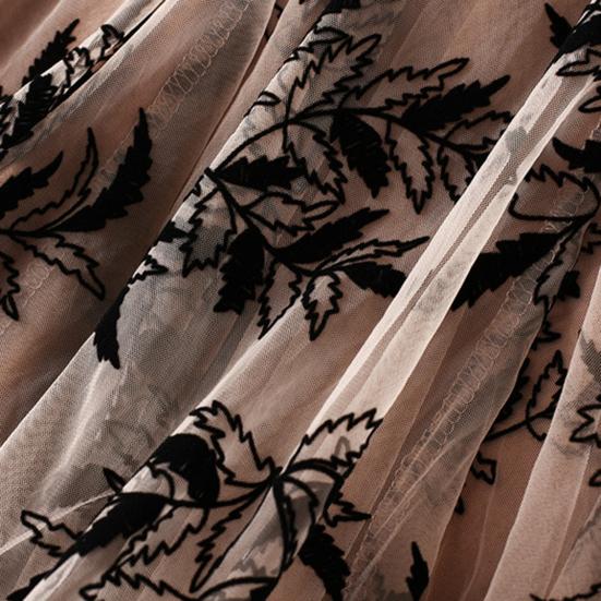 Women A-Line Skirt 3D Embroidered Leaf Print Double-Layered Mesh Tulle High Waist Midi Skirt