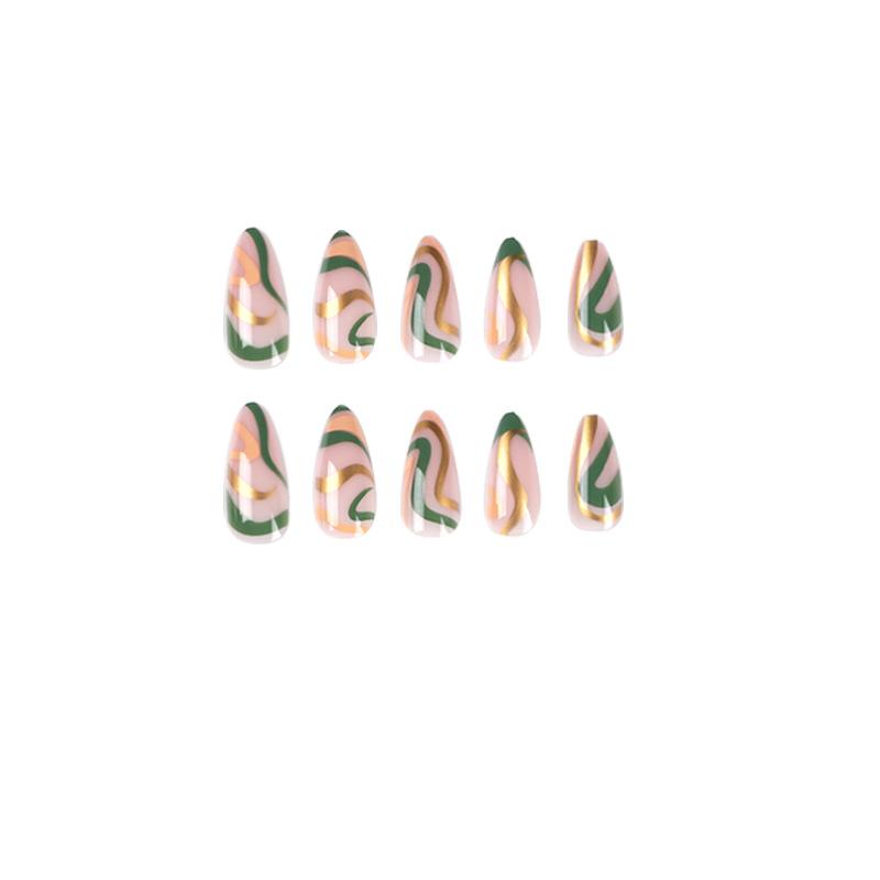 24Pcs/Set Quick Nails Brown Green Waves False Nials Sticker Wearable Waterproof Manicure Finished Nails