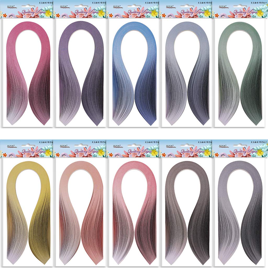 JUYA Квиллинг 1000 листов бумаги непрерывного градиентного цвета в 10 разновидностях наборов, 390 мм длиной и 10 мм шириной.
