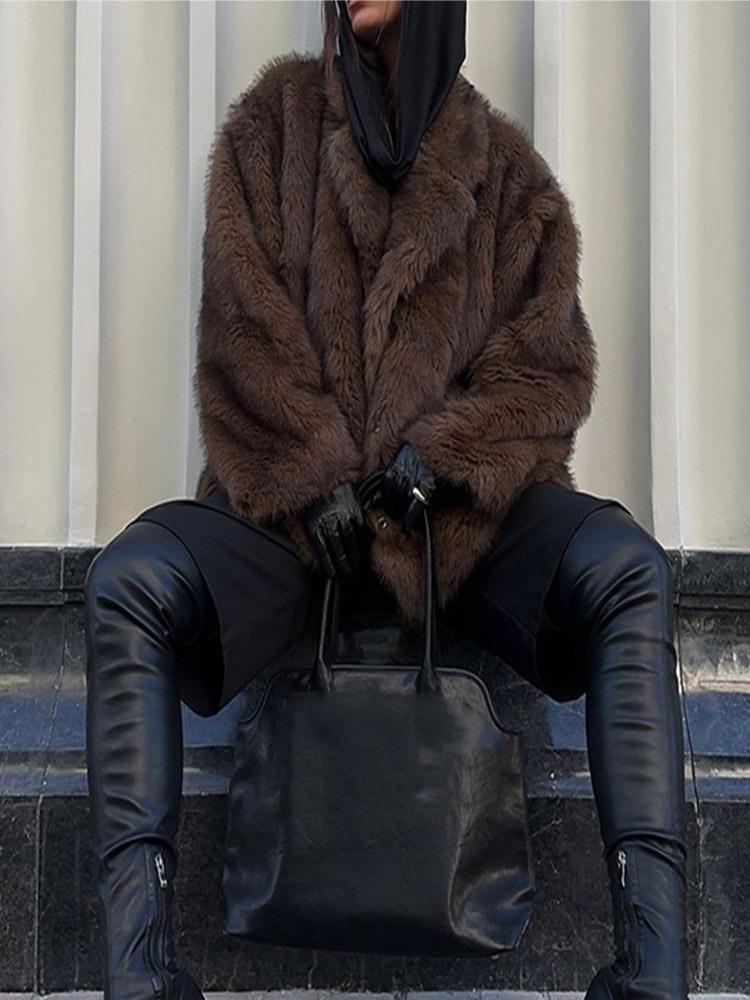 Однотонное плюшевое пальто с лацканами из искусственного меха - Удобная, теплая осенне-зимняя мода