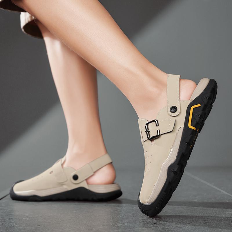 Модные мужские сандалии из перфорированной кожи, летние классические шлепанцы двойного назначения, мягкие, модные, повседневные, удобные, для улицы, пляжа, ходьбы