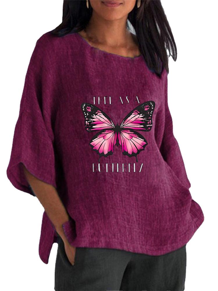 Women Fashion O Neck Print Shirt Spring&summer 3/4 Long Sleeved Top Ladies Cotton Linen Blouse