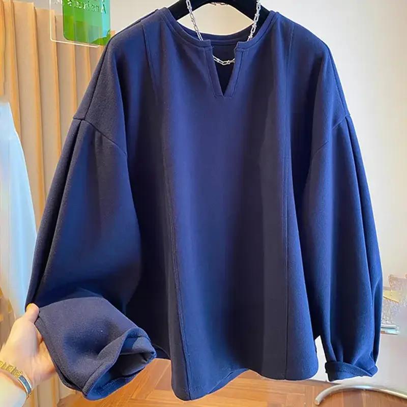 Толстовка для женщин Оверсайз V-образный вырез Утепленная Свободная Повседневная Пуловер Длинный рукав Зимняя Толстовка Топ