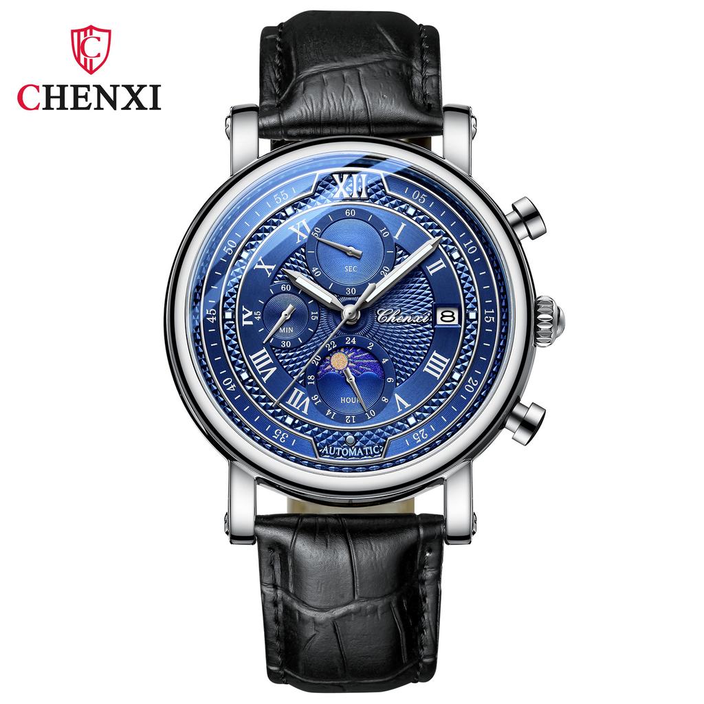 Chenxi Men's Watch Leather Chronograph Date Quartz Watches Phase Moon Timing Business Luminous Wrist Watch