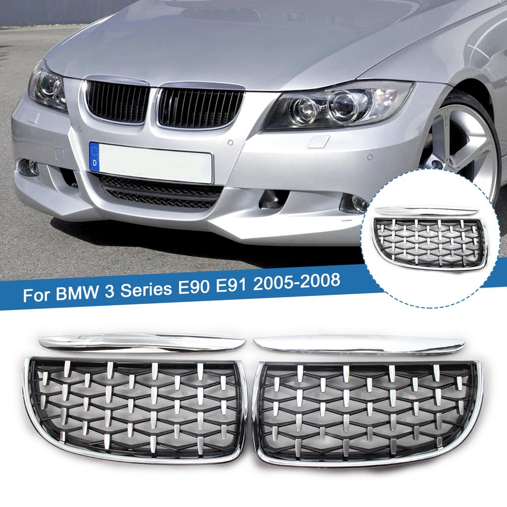 1 Paar Chrome Zilveren Auto Voorzijde Diamond Stijl Roosters Vervanging Racing Grills Onderdelen Voor Bmw 3 Serie 4 Deur E90 E91