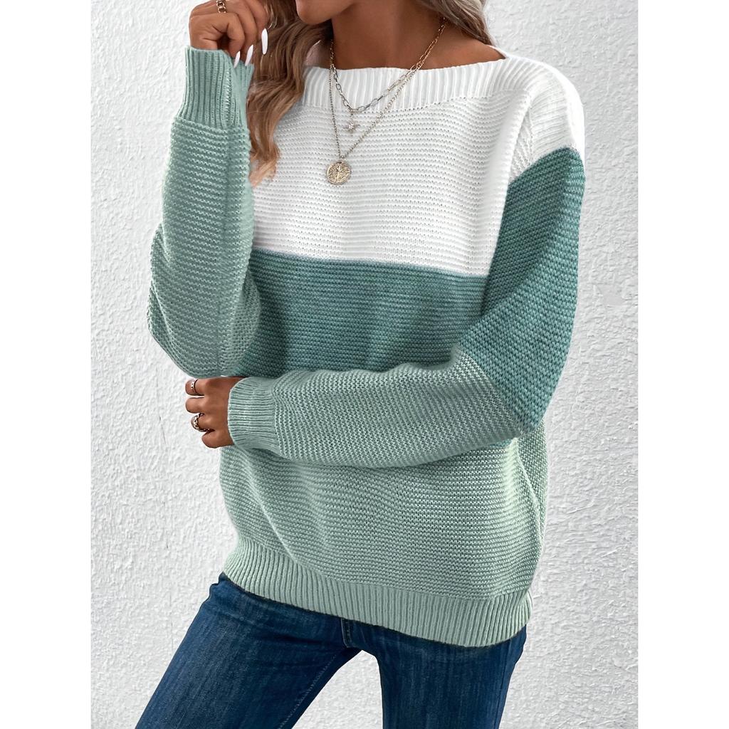 Stripe Color Block Sweater, Elegant Long Sleeve Drop Shoulder Sweater for Fall & Winter, Women's Clothing