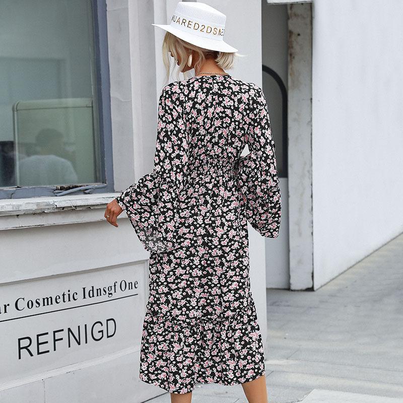 Темперамент и элегантность Верхняя одежда Модные женские платья с длинным рукавом и цветочным принтом Платья на осень и зиму