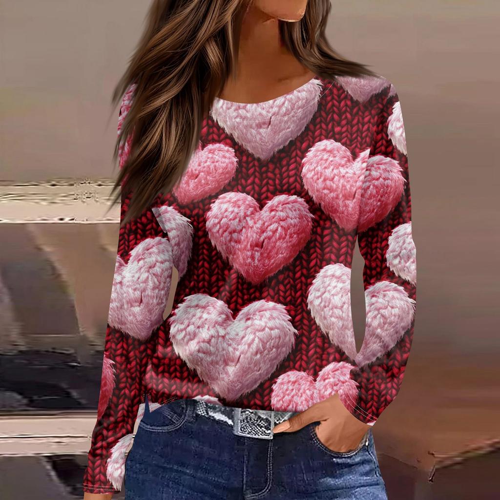 Women's Fashion Valentine's Day Printed Round Neck Casual  Long Sleeve Top