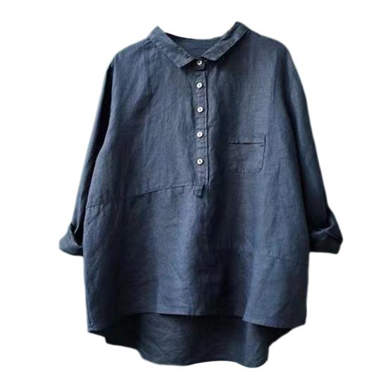 Women Shirt Turn-down Collar Long Sleeve Pullover Tops Buttons Half Placket Patch Pockets Casual Tops Solid Color Loose Fit Shirt