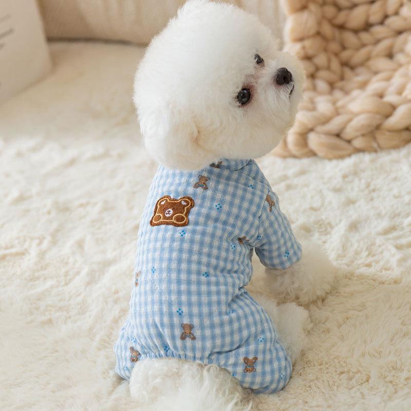 Осень и Зима Собака Милый Корейская Версия Мультяшный Клетчатый Медведь Полный Принт Четырехлапое Хлопковое Пальто Кошка Тедди Одежда для Питомцев