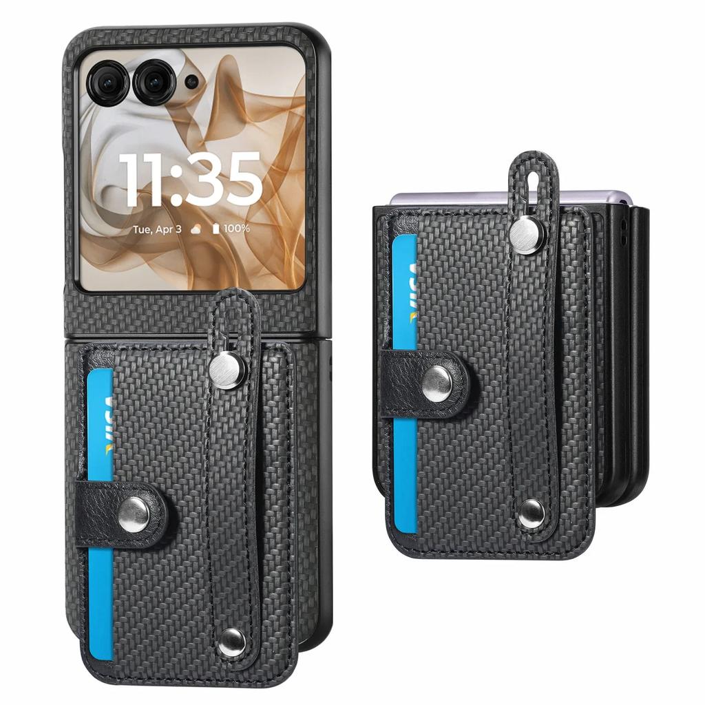 Carbon Fiber Pattern Leather Phone Case For Motorola Razr 60 50 Ultra 40 Multifunctional Card Slot Bag Bracket Wrist Strap Cover