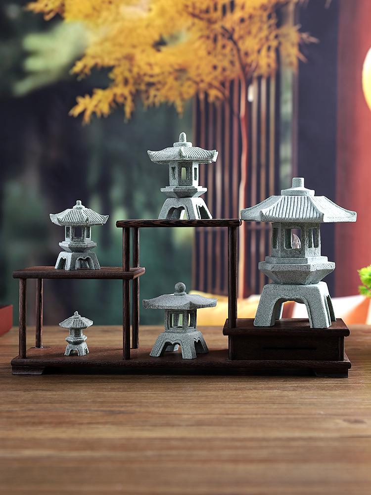 Envy Porcelain Stone Lantern: Small Chinese Pavilion Ornament for Desktop or Fish Tank Scenery.