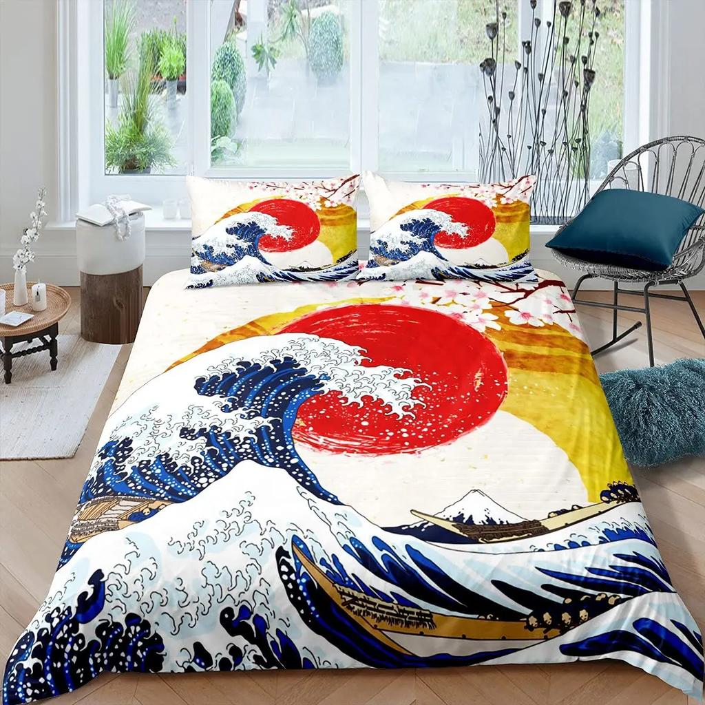 Японская волна Король Королева Пододеяльник Синий Морской Постельный комплект Кленовый лист Луна Покрывало Хокусай Укиё-э Полиэстер Чехол для одеяла