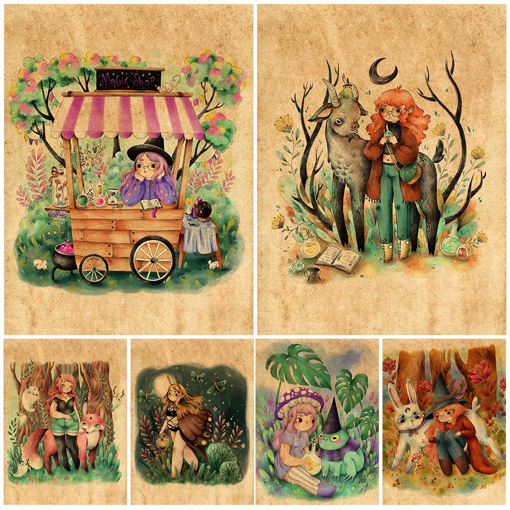Фэнтези Маленькая Ведьма Волшебный Магазин Винтаж Настенная Картина Маслом Гриб Фея и Мотылек Принцесса Плакат