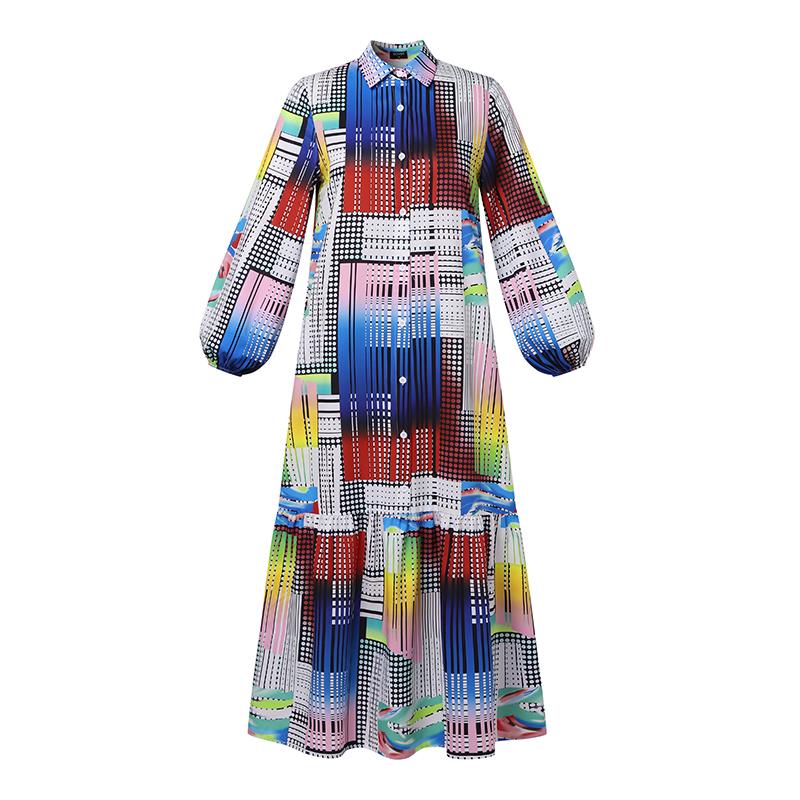 Women's Plus Size Shirt Collar Puff Long Sleeve Printed Loose Dress