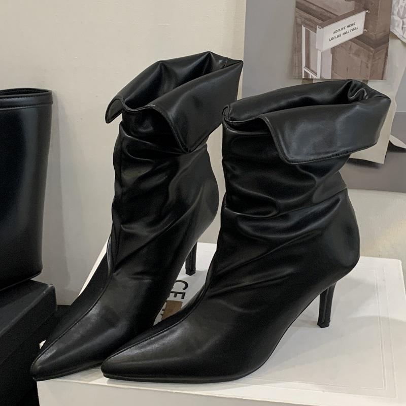 Модные Eilyken 2026 Новые Осенне-зимние Модные Плиссированные Женские Ботильоны с Острым Носком Короткие Ботильоны Сексуальные Тонкие Каблуки Вечерняя Обувь