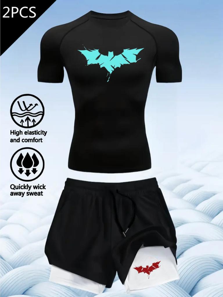 2D printed T-shirt men's summer two-piece sportswear running T-shirt elastic quick-drying sports top sports fitness shirt men's
