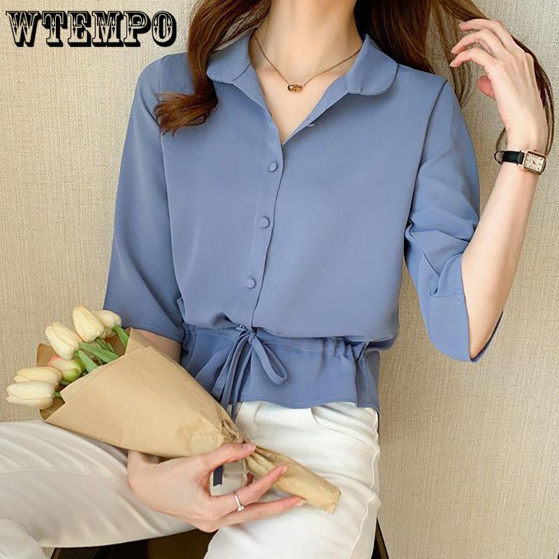 WTEMPO Spring Summer Women's Versatile Solid Color Turn-down Collar Half Sleeve Chiffon Shirts Casual Shirring Single-breasted Blouses