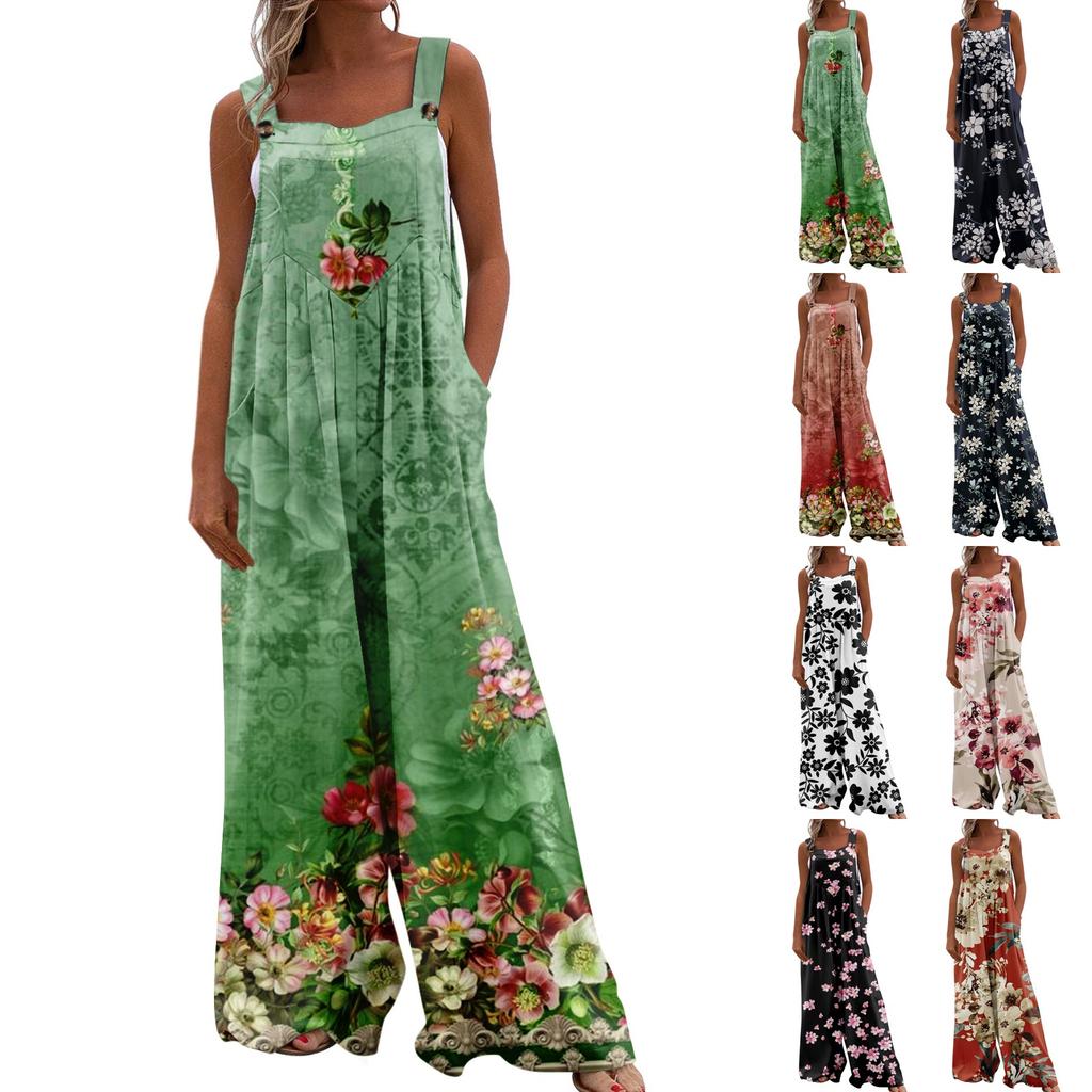 Womens Overalls Casual Print Wide Leg Jumpsuits Bib Rompers Sleeveless Straps With Pockets Outfits