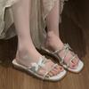 Fashion Flat Sandals Summer New Square Head Shallow Mouth Crystal Butterfly Knot Soft Sole Anti-slip Wear-resistant Slippers