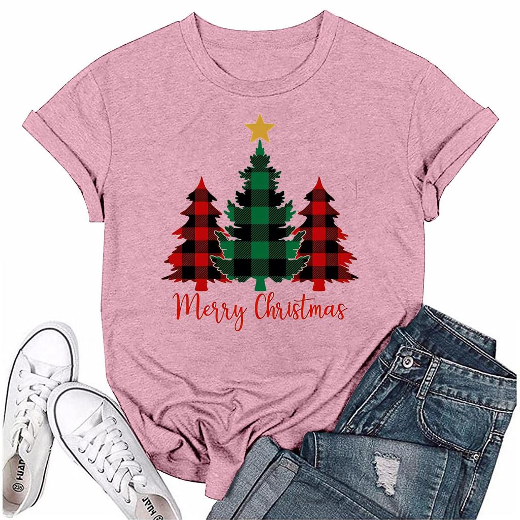 Женский повседневный рождественский принт с короткими рукавами и круглым вырезом, свободный пуловер, топ