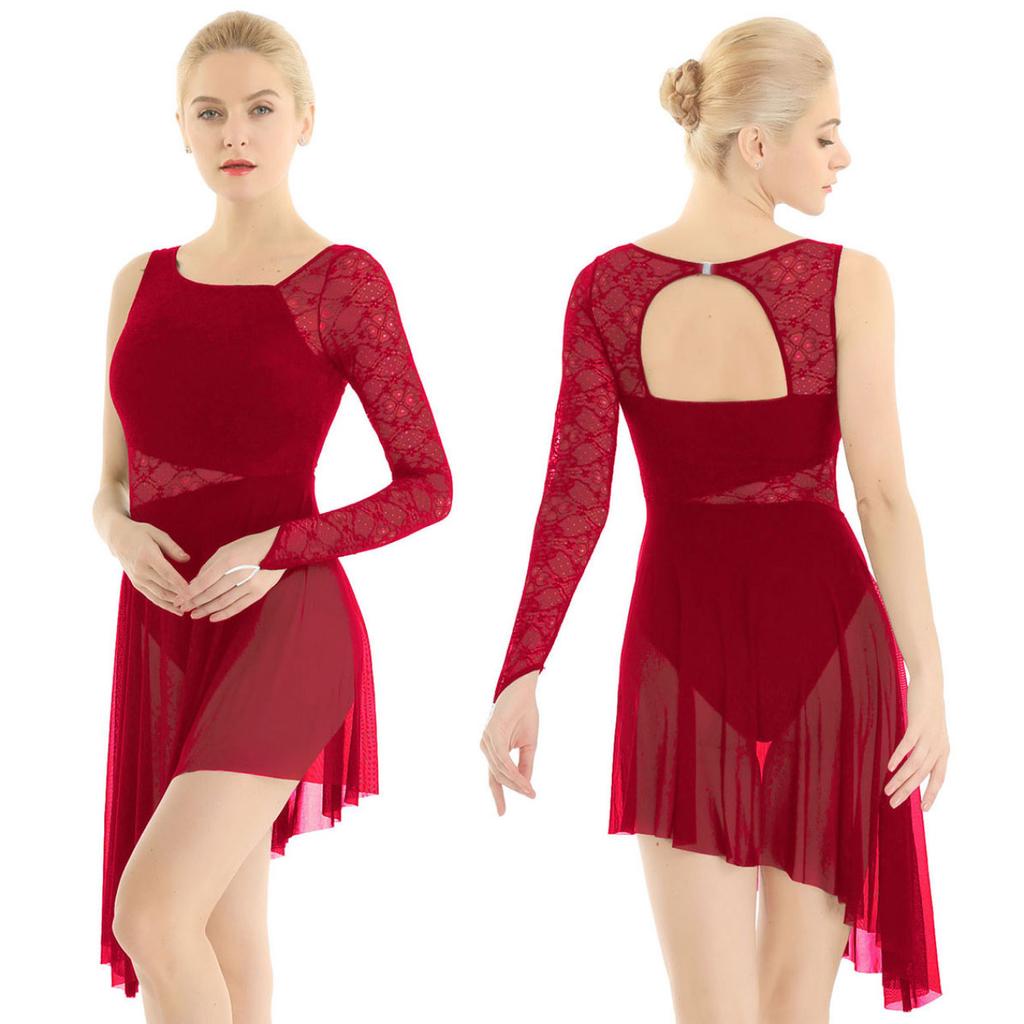 Women Adults Single Long Sleeve with Fingertip Lace Bodice Asymmetric Leotard Dress for Lyrical Modern Contemporary Ballet Dance
