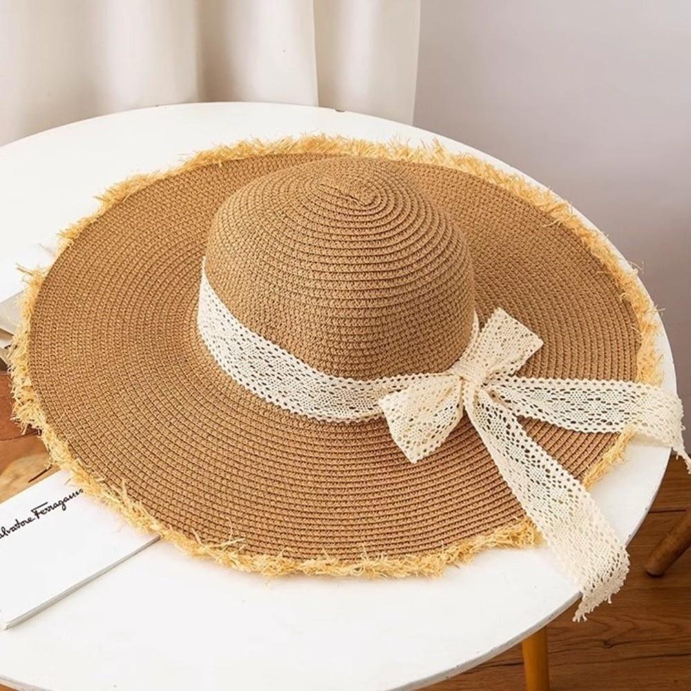 Gifts Lace Outdoor Sun Hat Bow Frills Lace Straw Cap Stylish Elegant French-style Beach Hat