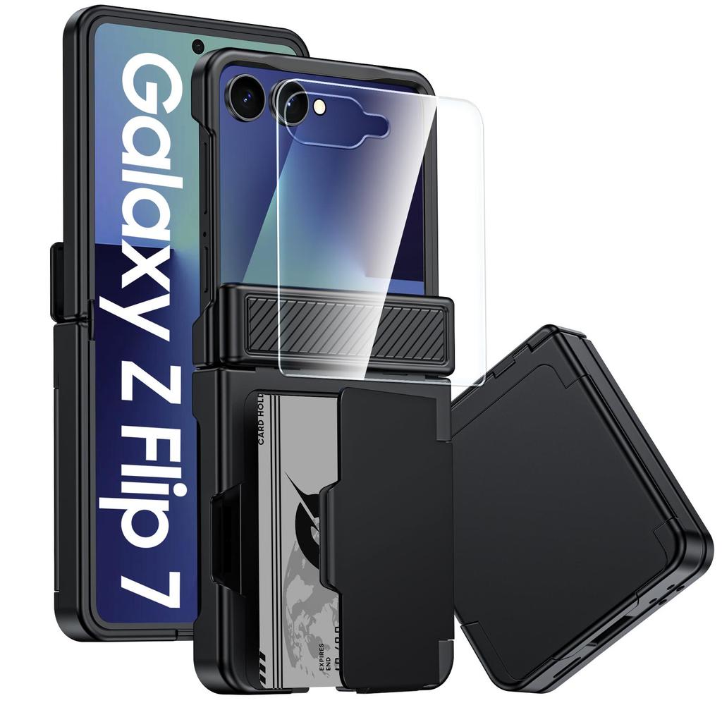 Для Samsung Galaxy Z Flip 7 с держателем для карт [RFID-блокировка] и защитой шарнира и HD-защитой экрана, Прочный противоударный чехол для телефона - Мятно-зеленый