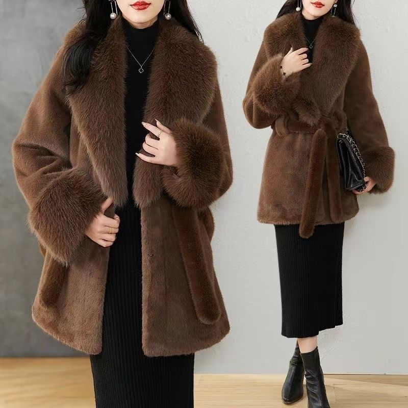 Women's Faux Fur Coats Winter Faux Fox Fur Collar Coat Plus Size Mid-length Slim Fit Fur Coat