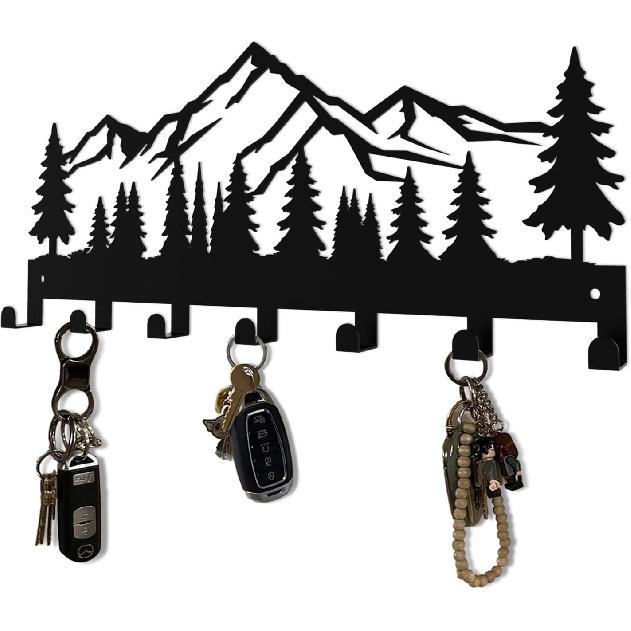 Key Holder Wall Mounted Key Hooks, Black Metal Key Rack Hooks, The Great Grove, Mountain Theme Wall Decoration Hooks, with 7 Hooks, Applicable to
