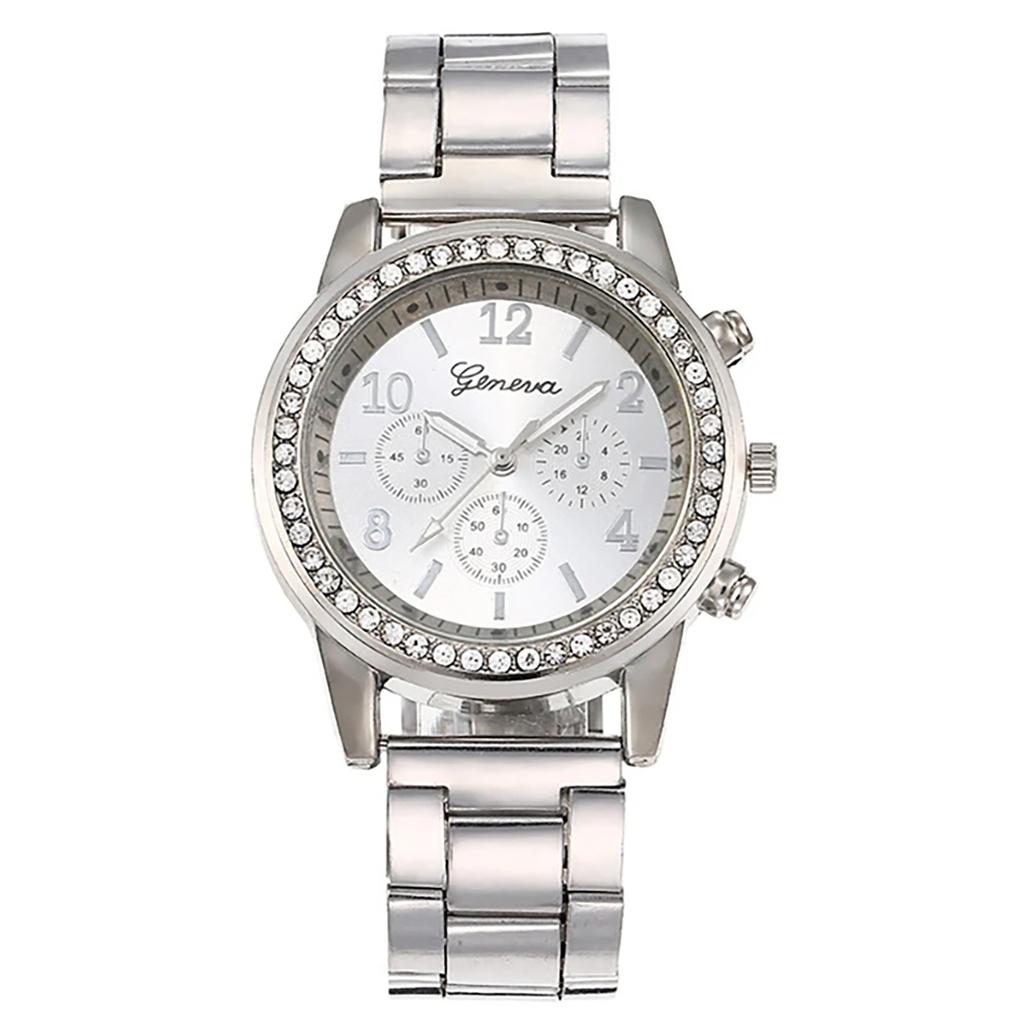 6pcs Fashionable And Versatile Diamond Inlaid Water Diamond British Steel Bracelet Watch Necklace Earrings Ring