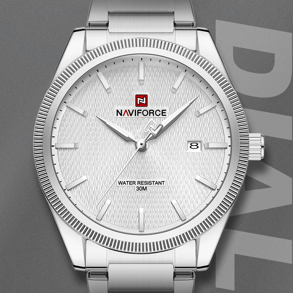 Naviforce Оригинальные простые мужские часы с календарем, кварцевый механизм, люминесцентные стрелки, водонепроницаемость 3 АТМ, ремешок из нержавеющей стали, мужские часы NF9276S