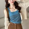 Трикотажный женский жакет с бретелькой через шею, французский полосатый топ, маленький костюм с безрукавкой и квадратным воротником